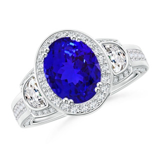 9x7mm AAAA Oval Tanzanite Three Stone Ring with Diamonds in White Gold