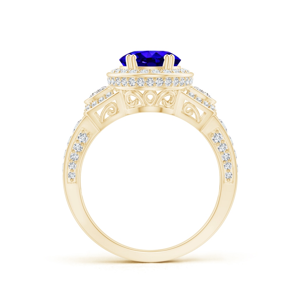 9x7mm AAAA Oval Tanzanite Three Stone Ring with Diamonds in Yellow Gold Product Image