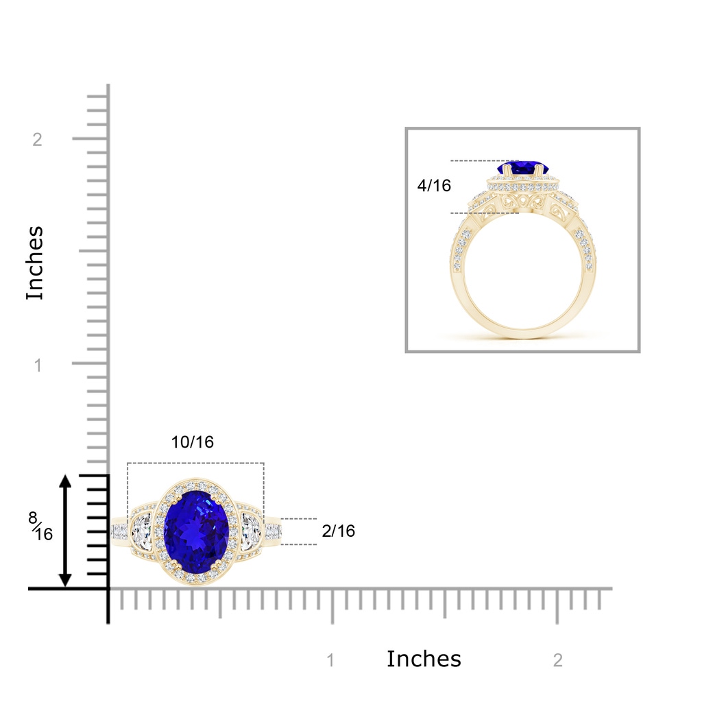 9x7mm AAAA Oval Tanzanite Three Stone Ring with Diamonds in Yellow Gold Product Image