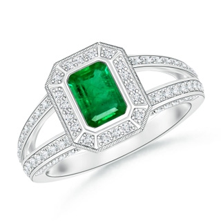 6x4mm AAA Vintage Style Emerald-Cut Emerald Split Shank Halo Ring in White Gold