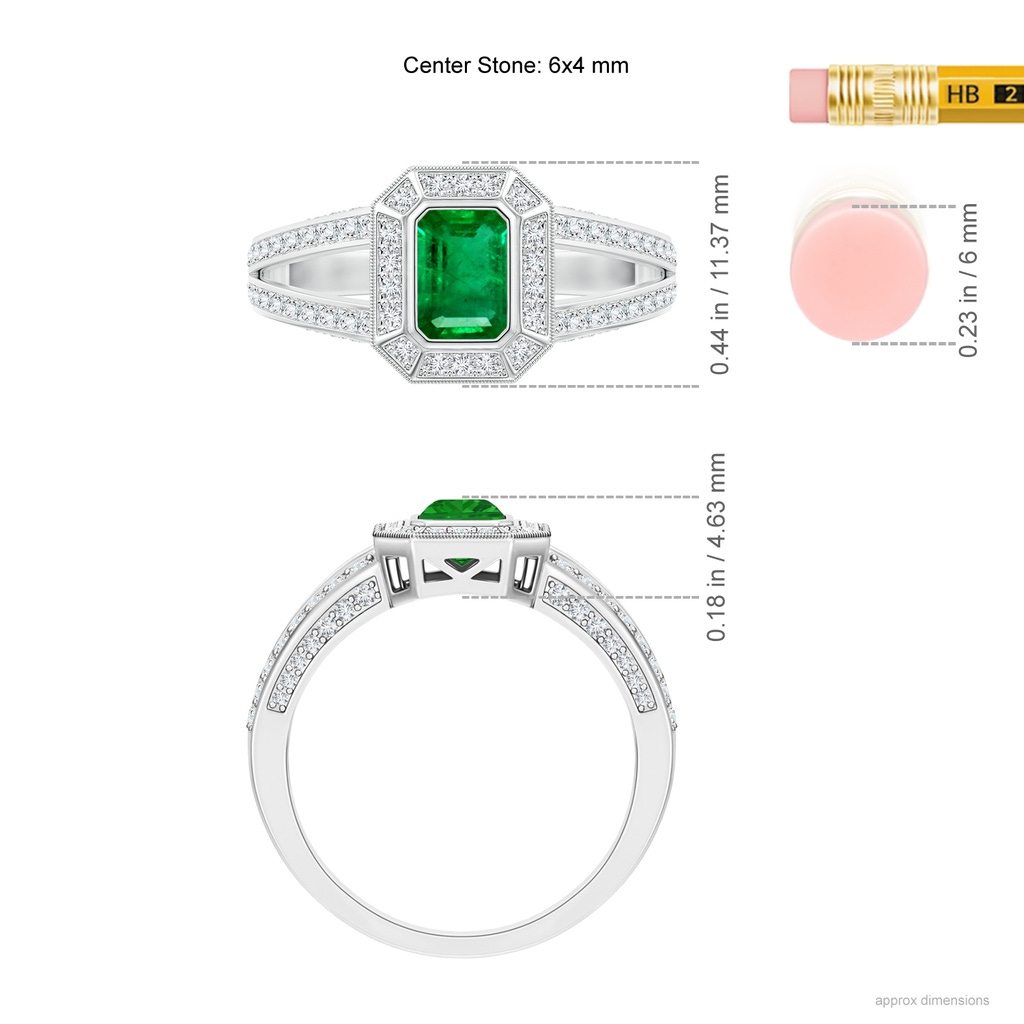 6x4mm AAA Vintage Style Emerald-Cut Emerald Split Shank Halo Ring in White Gold Ruler