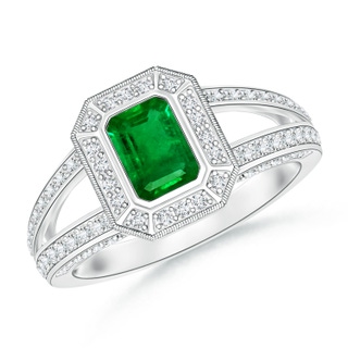 6x4mm AAAA Vintage Style Emerald-Cut Emerald Split Shank Halo Ring in White Gold