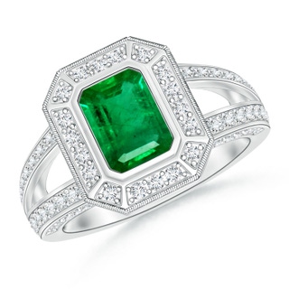 7x5mm AAA Vintage Style Emerald-Cut Emerald Split Shank Halo Ring in White Gold
