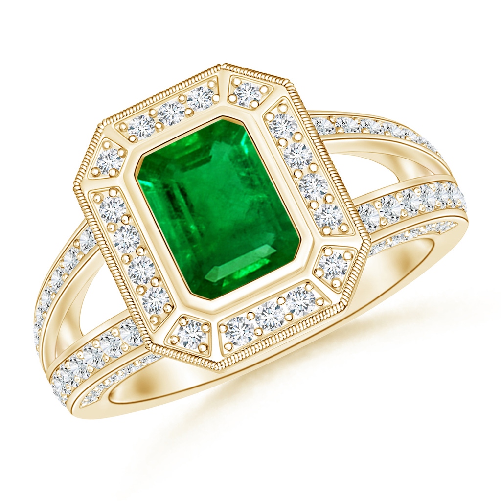 7x5mm AAAA Vintage Style Emerald-Cut Emerald Split Shank Halo Ring in Yellow Gold