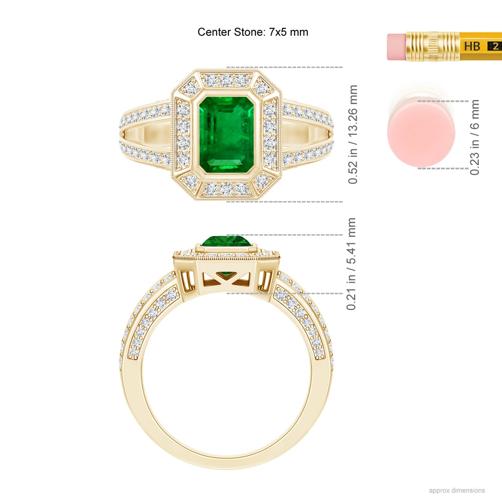 7x5mm AAAA Vintage Style Emerald-Cut Emerald Split Shank Halo Ring in Yellow Gold Ruler