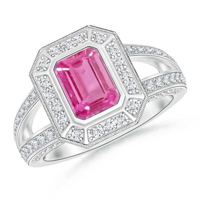 7x5mm AAA Vintage Style Emerald-Cut Pink Sapphire Split Shank Halo Ring in White Gold