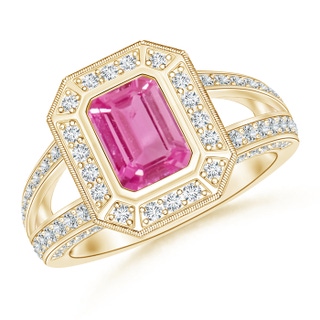 7x5mm AAA Vintage Style Emerald-Cut Pink Sapphire Split Shank Halo Ring in Yellow Gold