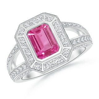 7x5mm AAAA Vintage Style Emerald-Cut Pink Sapphire Split Shank Halo Ring in White Gold