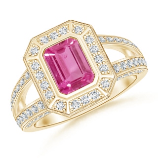 7x5mm AAAA Vintage Style Emerald-Cut Pink Sapphire Split Shank Halo Ring in Yellow Gold