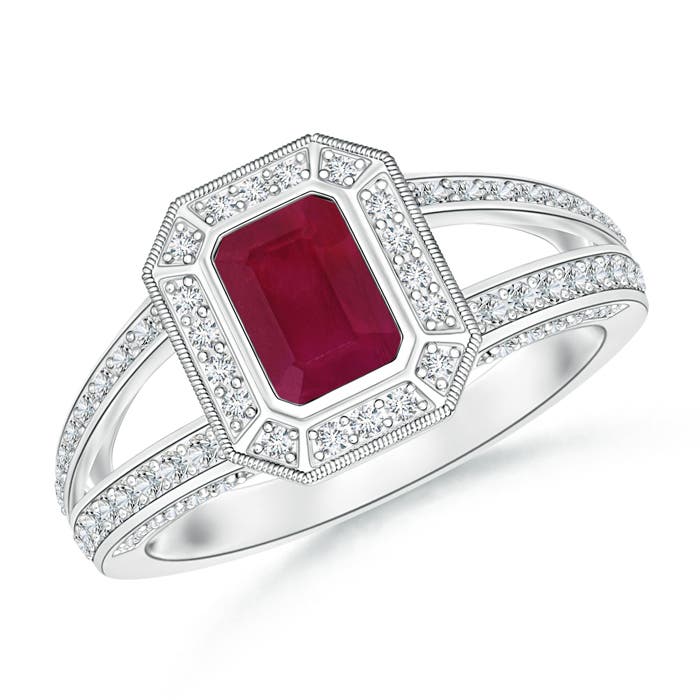 6x4mm A Vintage Style Emerald-Cut Ruby Split Shank Halo Ring in P950 Platinum