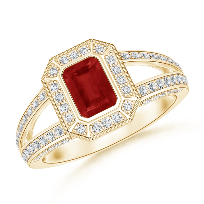 6x4mm AA Vintage Style Emerald-Cut Ruby Split Shank Halo Ring in Yellow Gold 