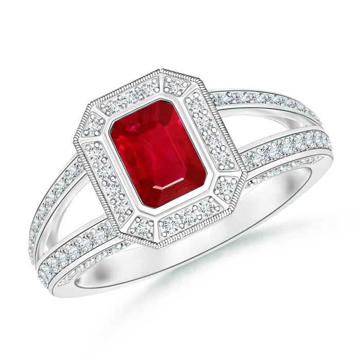 6x4mm AAA Vintage Style Emerald-Cut Ruby Split Shank Halo Ring in P950 Platinum 