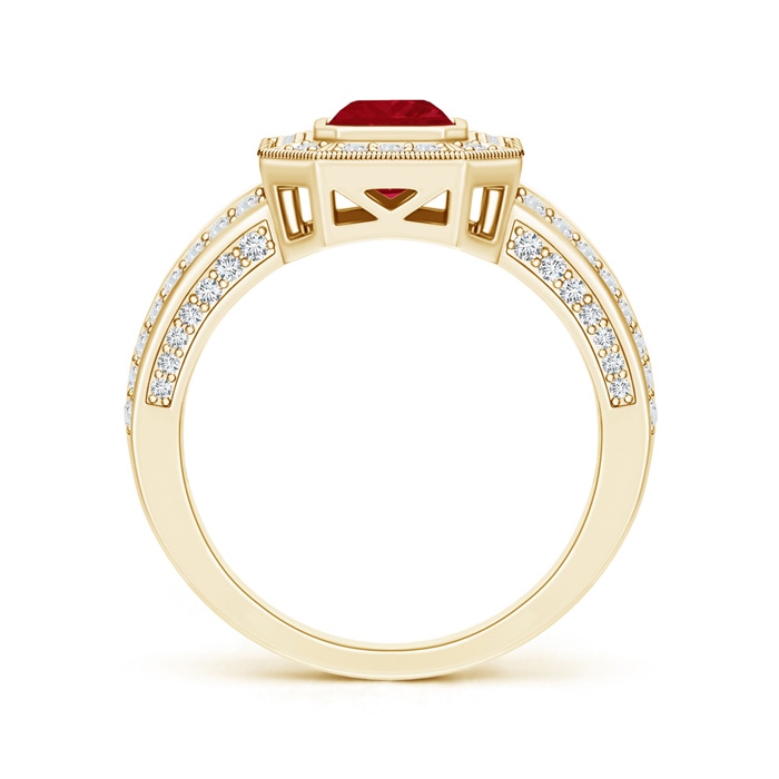 7x5mm AA Vintage Style Emerald-Cut Ruby Split Shank Halo Ring in Yellow Gold product image