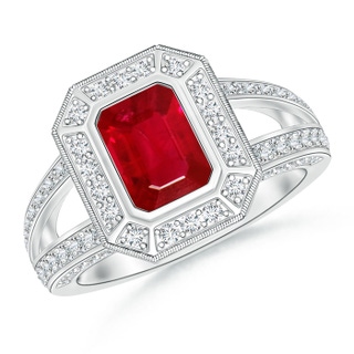 7x5mm AAA Vintage Style Emerald-Cut Ruby Split Shank Halo Ring in White Gold