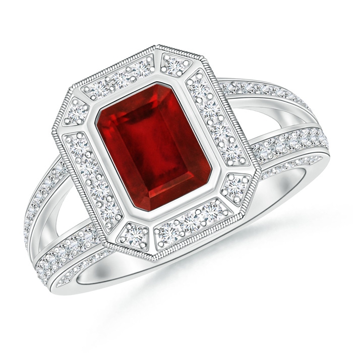 7x5mm AAAA Vintage Style Emerald-Cut Ruby Split Shank Halo Ring in P950 Platinum 