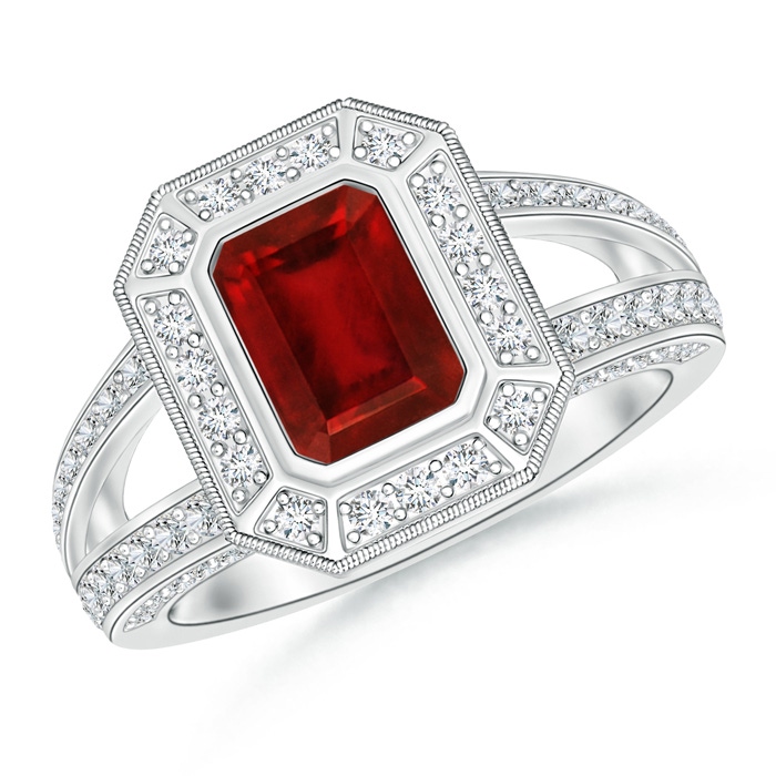 7x5mm AAAA Vintage Style Emerald-Cut Ruby Split Shank Halo Ring in White Gold 