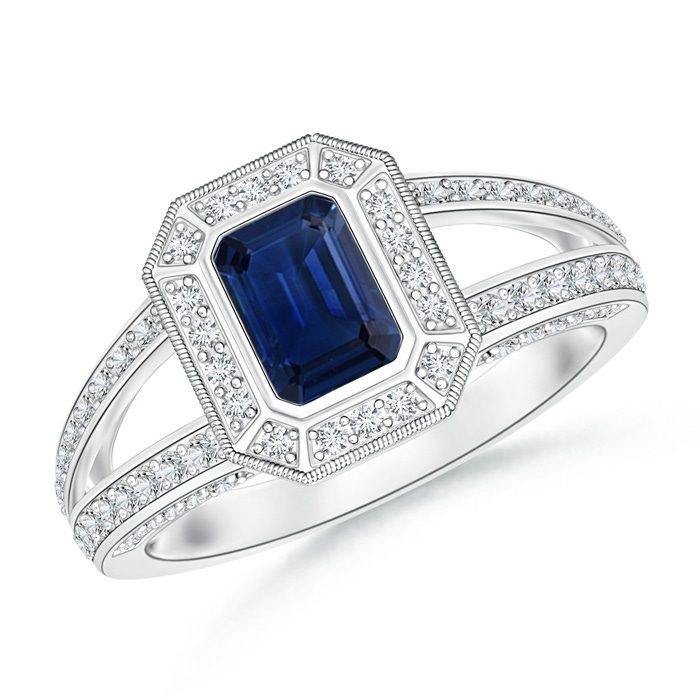 6x4mm AAA Vintage Style Emerald-Cut Blue Sapphire Split Shank Halo Ring in White Gold