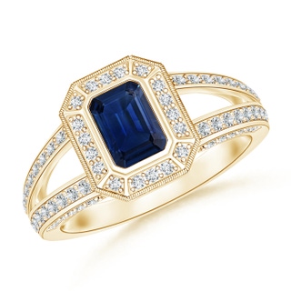 6x4mm AAA Vintage Style Emerald-Cut Blue Sapphire Split Shank Halo Ring in Yellow Gold