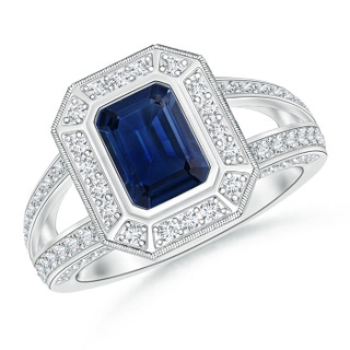 7x5mm AAA Vintage Style Emerald-Cut Blue Sapphire Split Shank Halo Ring in P950 Platinum
