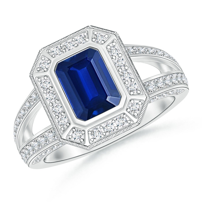 7x5mm AAAA Vintage Style Emerald-Cut Blue Sapphire Split Shank Halo Ring in P950 Platinum