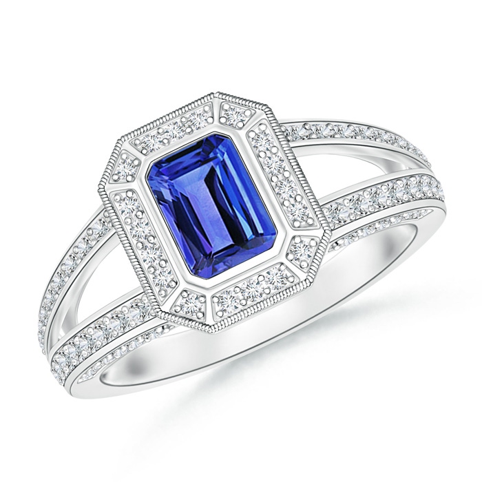6x4mm AAA Vintage Style Emerald-Cut Tanzanite Split Shank Halo Ring in White Gold