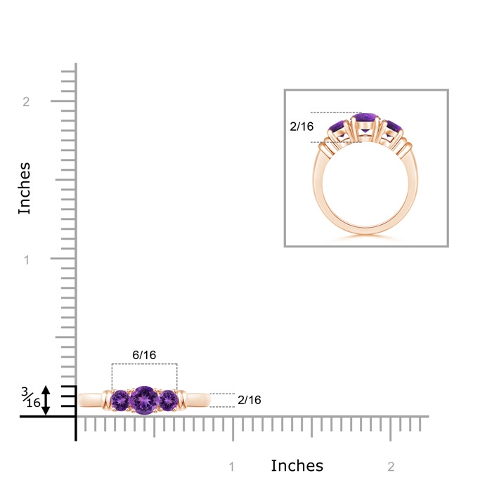 4mm AAAA Vintage Style Three Stone Amethyst Wedding Band in Rose Gold ruler