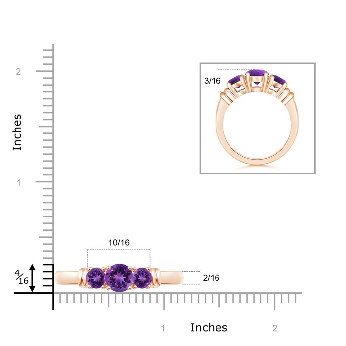 6mm AAAA Vintage Style Three Stone Amethyst Wedding Band in Rose Gold ruler