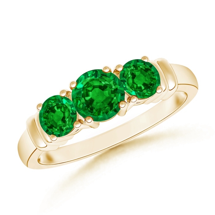 5mm AAAA Vintage Style Three Stone Emerald Wedding Band in Yellow Gold 