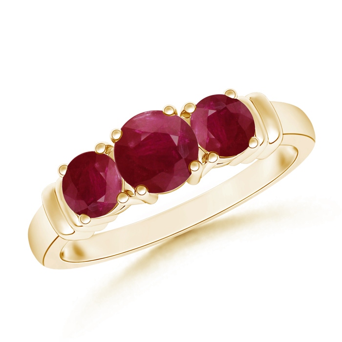 5mm A Vintage Style Three Stone Ruby Wedding Band in Yellow Gold 