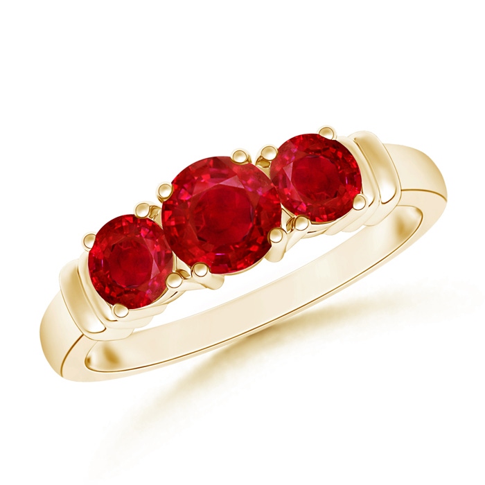 5mm AAA Vintage Style Three Stone Ruby Wedding Band in Yellow Gold 