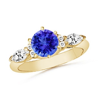 6mm AAA Round Tanzanite and Marquise Diamond Three Stone Ring in Yellow Gold