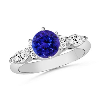 6mm AAAA Round Tanzanite and Marquise Diamond Three Stone Ring in White Gold