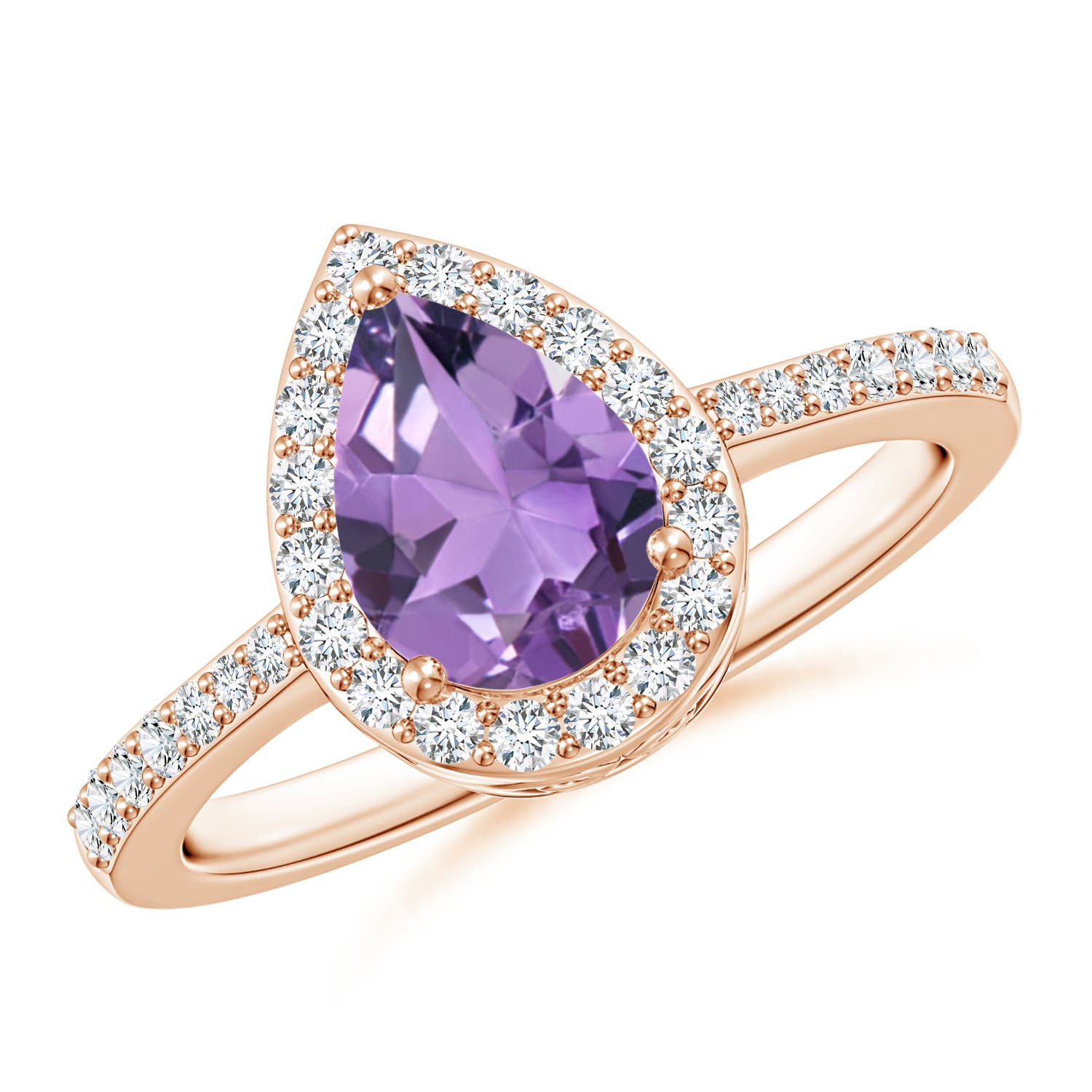 8x6mm A Prong-Set Pear Amethyst Ring with Diamond Halo in 18CT Rose Gold