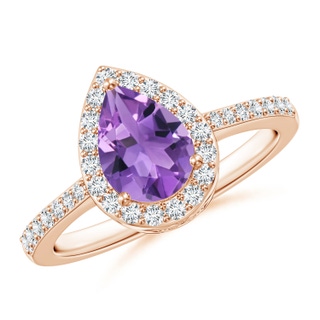 8x6mm AA Prong-Set Pear Amethyst Ring with Diamond Halo in 9K Rose Gold