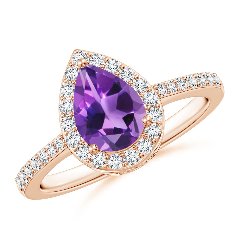 8x6mm AAA Prong-Set Pear Amethyst Ring with Diamond Halo in 9K Rose Gold 