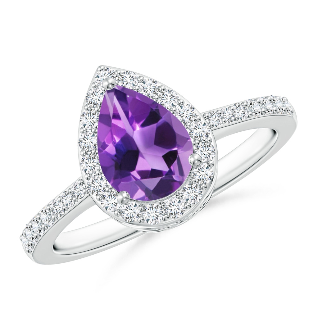 8x6mm AAA Pear Amethyst Ring with Diamond Halo in P950 Platinum