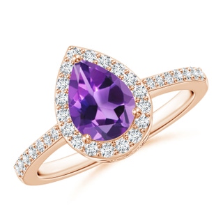 8x6mm AAA Pear Amethyst Ring with Diamond Halo in Rose Gold