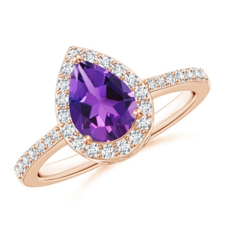 8x6mm AAAA Prong-Set Pear Amethyst Ring with Diamond Halo in 9K Rose Gold