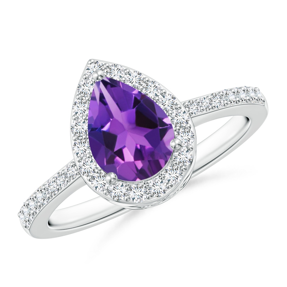 8x6mm AAAA Prong-Set Pear Amethyst Ring with Diamond Halo in P950 Platinum 
