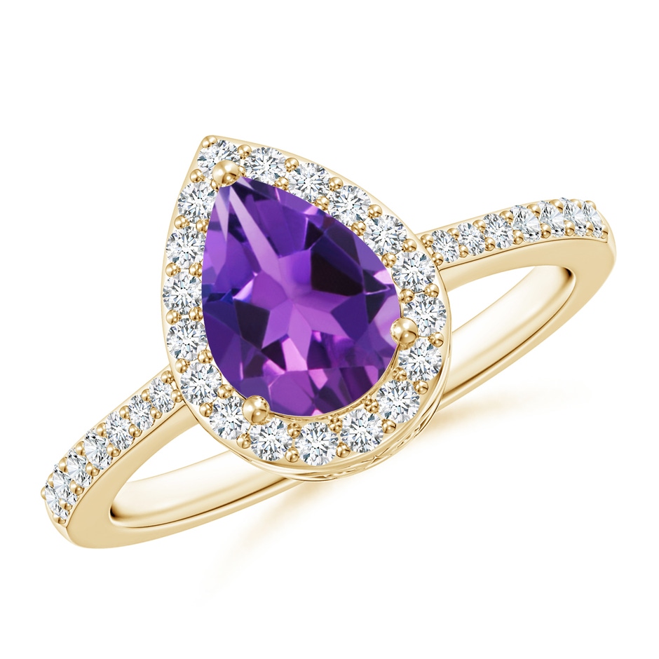 8x6mm AAAA Prong-Set Pear Amethyst Ring with Diamond Halo in Yellow Gold 