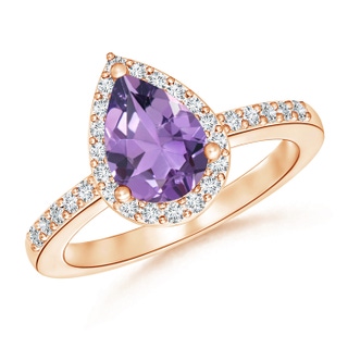 9x6mm A Pear Amethyst Ring with Diamond Halo in 9K Rose Gold