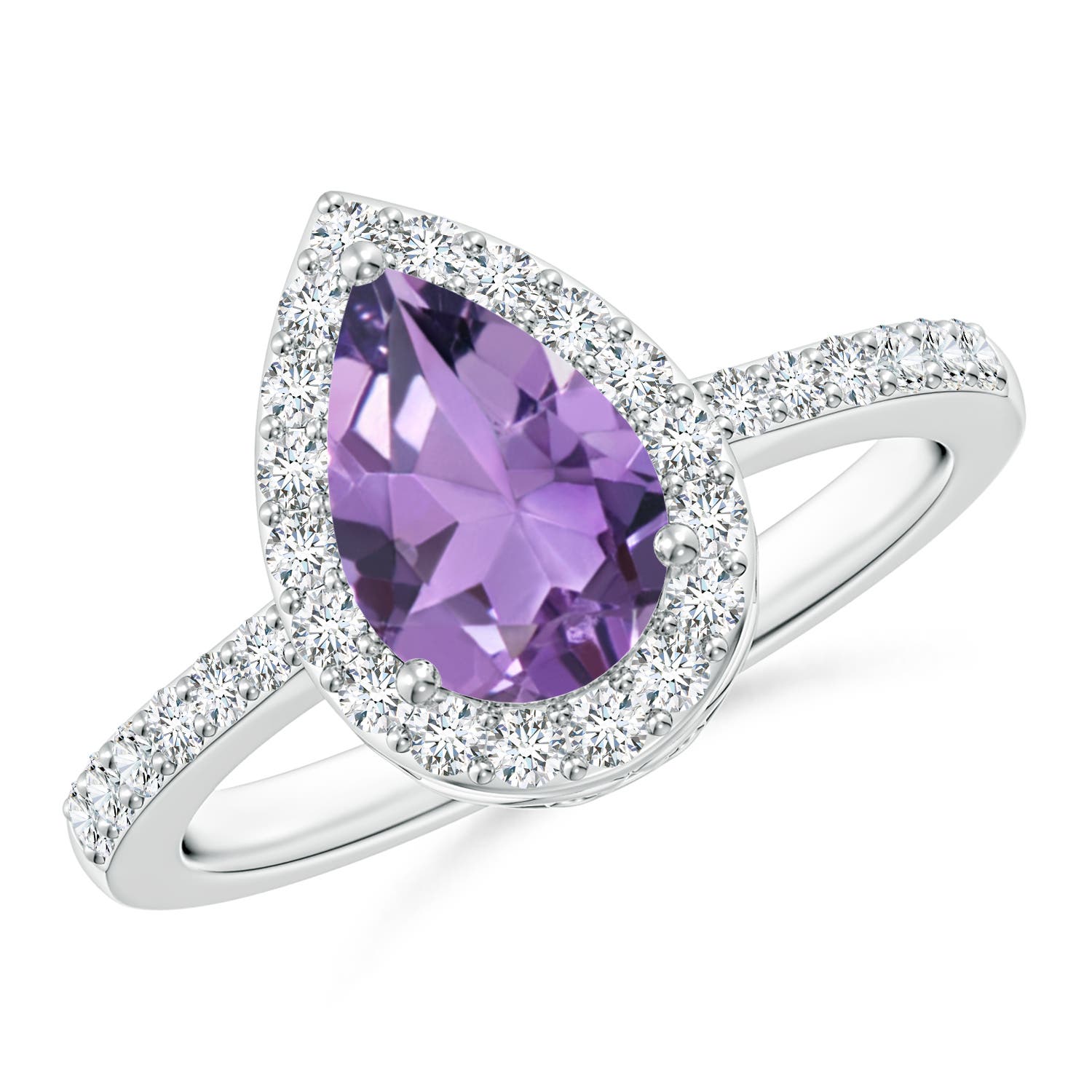 9x6mm A Prong-Set Pear Amethyst Ring with Diamond Halo in P950 Platinum