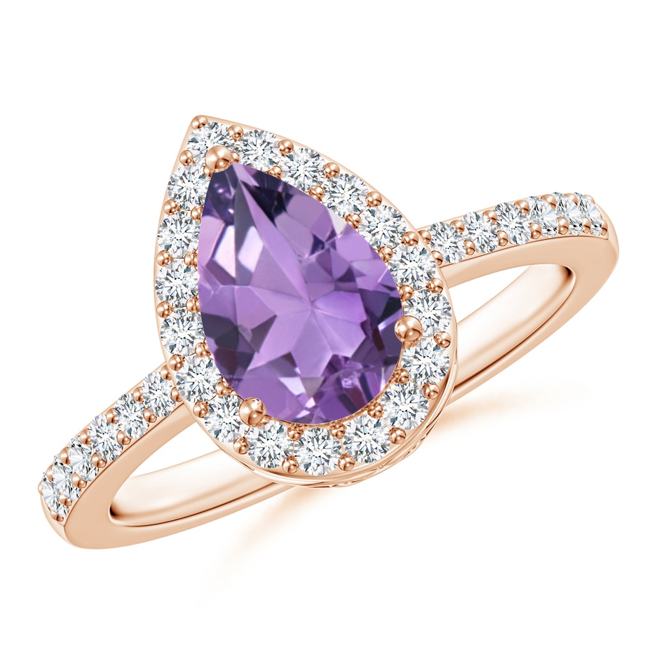 9x6mm A Prong-Set Pear Amethyst Ring with Diamond Halo in Rose Gold 