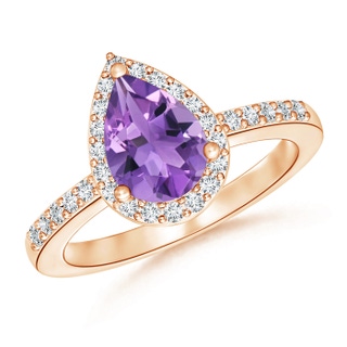 9x6mm AA Pear Amethyst Ring with Diamond Halo in 9K Rose Gold