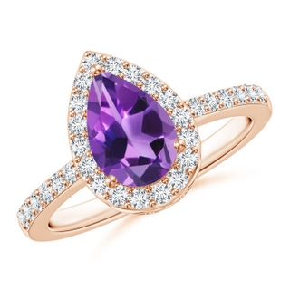 9x6mm AAA Pear Amethyst Ring with Diamond Halo in Rose Gold