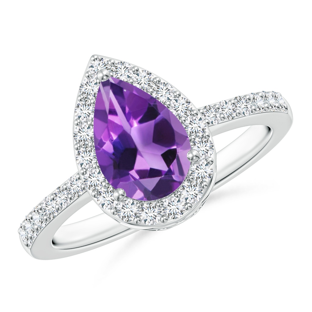 9x6mm AAA Pear Amethyst Ring with Diamond Halo in White Gold