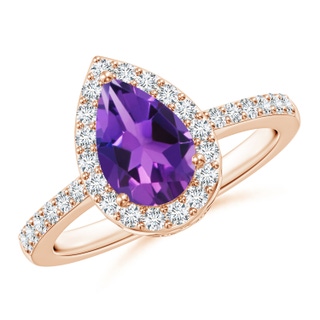 9x6mm AAAA Prong-Set Pear Amethyst Ring with Diamond Halo in 18K Rose Gold