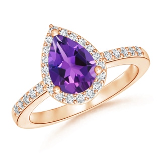 9x6mm AAAA Pear Amethyst Ring with Diamond Halo in 9K Rose Gold