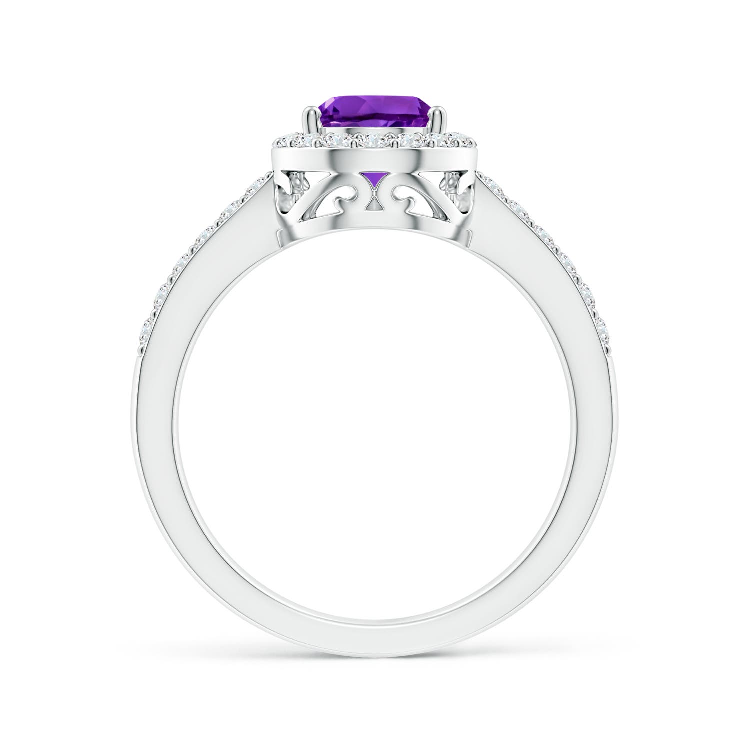 9x6mm AAAA Prong-Set Pear Amethyst Ring with Diamond Halo in P950 Platinum - side 2
