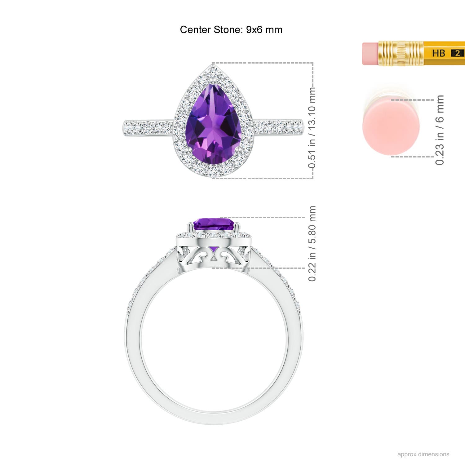 9x6mm AAAA Prong-Set Pear Amethyst Ring with Diamond Halo in P950 Platinum - ruler